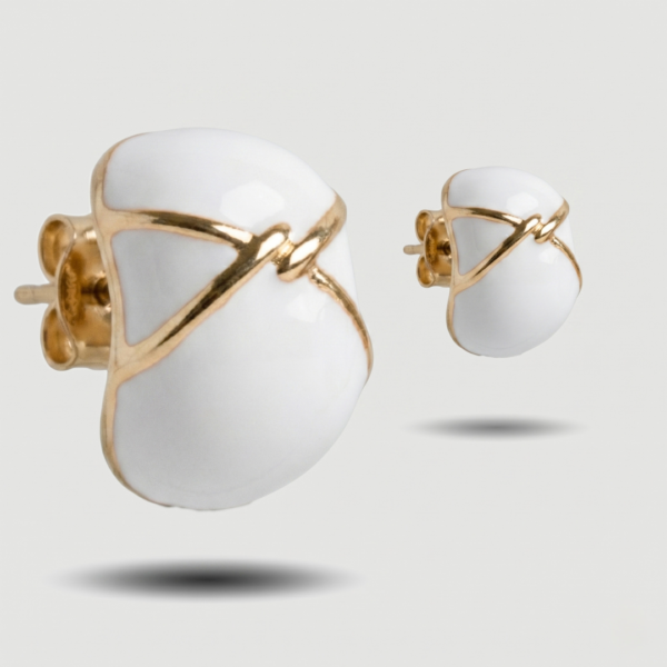 Modern Artisan White Enamel & Gold-Wrapped Stud Earrings