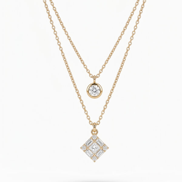Art Deco Layered Gold Necklace with Geometric Rhombus & Solitaire Pendants