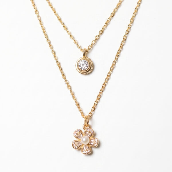 Double Layered Pearl Flower & Solitaire Crystal Necklace