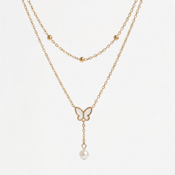 Gold Double-Layered Butterfly Pendant & Drop Pearl Necklace